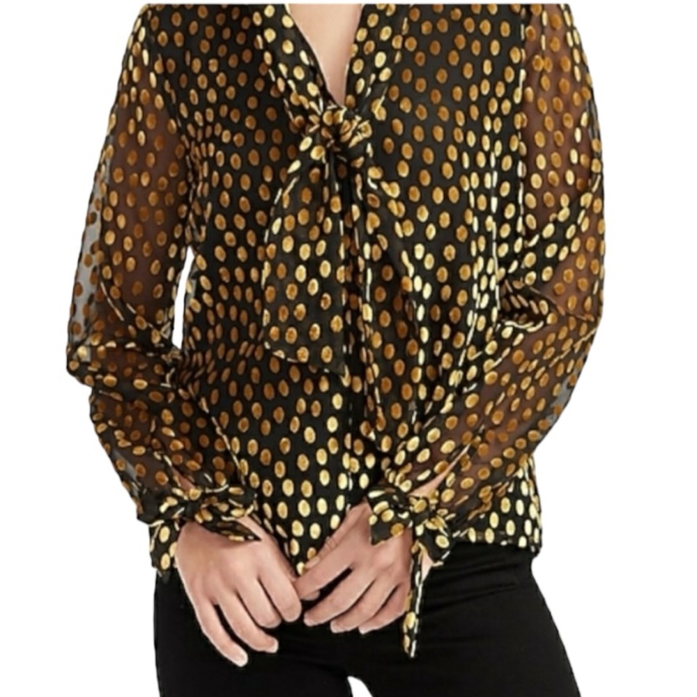Express Black Gold Velvet Burnout Polka Dot Tie-Neck Blouse Sz Medium